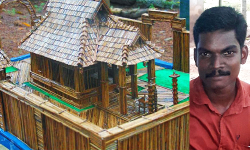 ഈര്‍ക്കിലിയിൽ രൂപകൽപന ചെയ്ത കമുകുംചേരി ക്ഷേത്രവും സുരേഷും