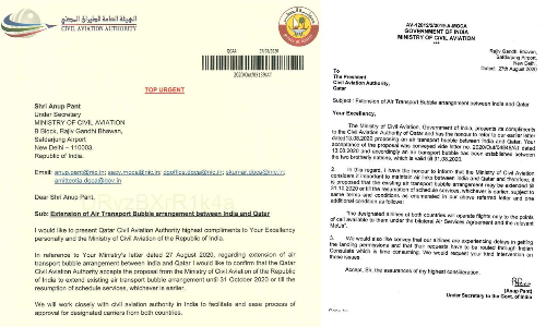 ആശ്വാസം, ഖത്തർ-ഇന്ത്യ എയർബബ്​ൾ കരാർ ഒക്​ടോബർ 31 വരെ നീട്ടി