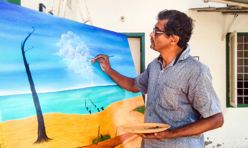 പഴയകാല കാഴ്ചകൾ കാൻവാസിൽ പകർത്തി എരമല്ലൂർ സെൻ വേണു പഴയകാല കാഴ്ചകൾ കാൻവാസിൽ പകർത്തി എരമല്ലൂർ സെൻ വേണു