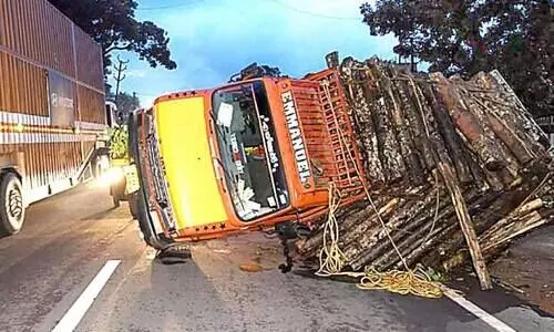 ദേശീയപാതയിൽ തടി കയറ്റിവന്ന ലോറി മറിഞ്ഞു
