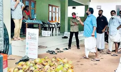 കുരങ്ങുശല്യത്തിൽ പൊറുതിമുട്ടി മലയോര കർഷകർ; നശിപ്പിച്ച നാ​ളി​കേ​ര​വു​മാ​യി ക​ർ​ഷ​ക​ർ ഫോ​റ​സ്​​റ്റ്​ സ്​​റ്റേ​ഷ​നി​ൽ