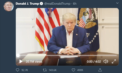 ആരോഗ്യനില മെച്ചപ്പെടുന്നു; അടുത്ത കുറച്ചു ദിവസങ്ങൾ നിർണായകം: ട്രംപി​െൻറ വിഡിയോ സന്ദേശം