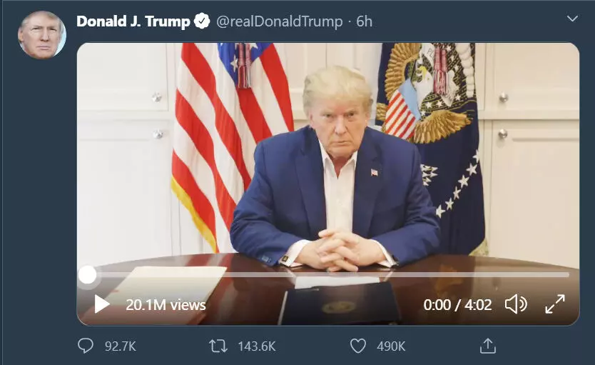 ആരോഗ്യനില മെച്ചപ്പെടുന്നു; അടുത്ത കുറച്ചു ദിവസങ്ങൾ നിർണായകം: ട്രംപി​െൻറ വിഡിയോ സന്ദേശം