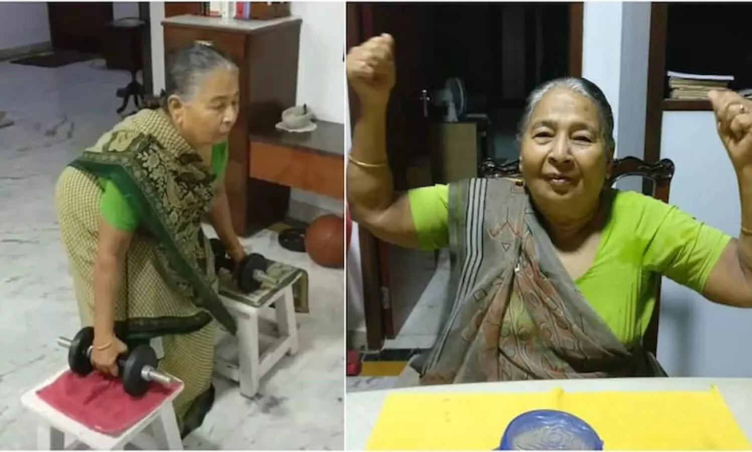 സാരിയുടുത്ത് വ്യായാമം; ഈ 82കാരി മുത്തശ്ശി വേറെ ലെവലാ