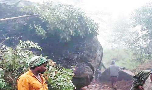മഴ: ആദിവാസിക്കുടിയിലേക്കുള്ള പാതയില്‍ ഭീമന്‍ പാറ അടര്‍ന്നുവീണു
