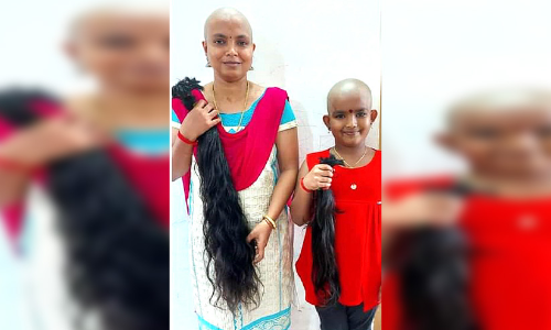 അ​ർ​ബു​ദ രോ​ഗി​ക​ൾ​ക്ക്​ മു​ടി മു​റി​ച്ചു​ന​ൽ​കി അ​മ്മ​യും മ​ക​ളും