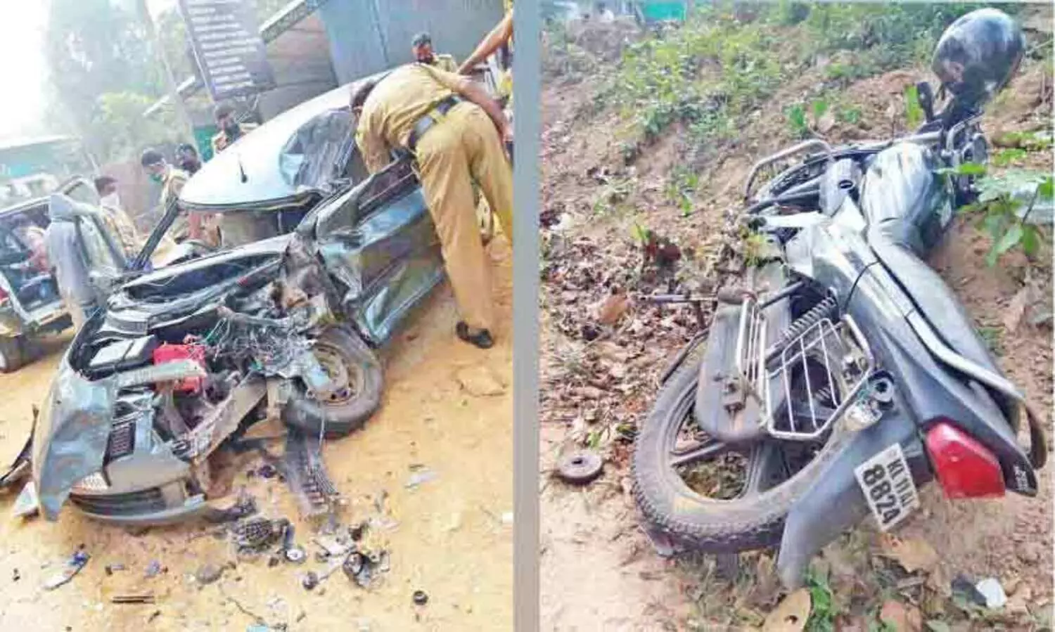 കാ​റും ബൈ​ക്കും ലോ​റി​യും കൂ​ട്ടി​യി​ടി​ച്ച് അ​ഞ്ചു​പേ​ർ​ക്ക് പ​രി​ക്ക്