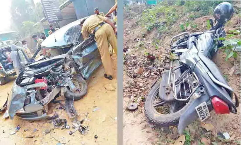 കാ​റും ബൈ​ക്കും ലോ​റി​യും കൂ​ട്ടി​യി​ടി​ച്ച് അ​ഞ്ചു​പേ​ർ​ക്ക് പ​രി​ക്ക്