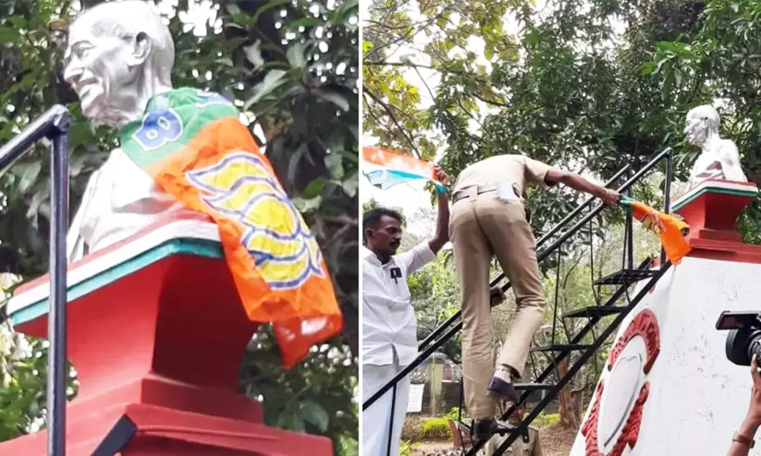 bjp flag in gandhi statue