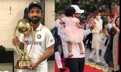 സൈലന്‍റ്​ നായകന് വൈബ്രന്‍റ്​ വരവേൽപ്പ്​:​ രഹാനെയെ രാജകീയമായി ആനയിച്ച്​ അയൽവാസികൾ VIDEO