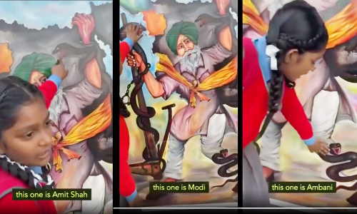 ഇത്​ മോദിയും അമിത്​ ഷായും​ അംബാനിയും; കർഷകർക്ക്​ പിന്തുണയേകി അച്ഛൻ വരച്ച ചിത്രം വിവരിച്ച്​ കൊച്ചുമിടുക്കി