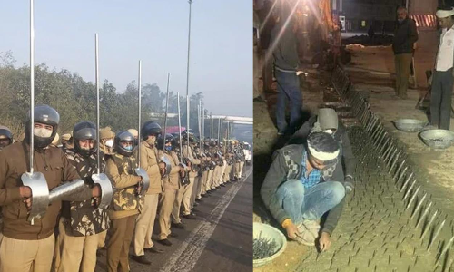 കർഷകരെ നേരിടാൻ യുദ്ധസമാന സന്നാഹം; വഴിയിൽ ആണിതറച്ചും വാളും പരിചയും കാട്ടിയും പ്രതിരോധം