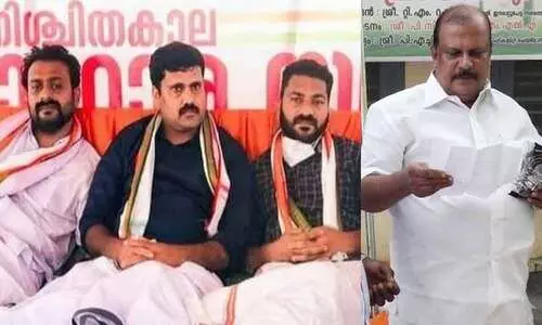 സമരപ്പന്തലിൽ ഷാൾ അണിയിക്കാനെത്തി പി.സി. ജോർജ്; തനിക്ക് വേണ്ടെന്ന് റിജിൽ മാക്കുറ്റി