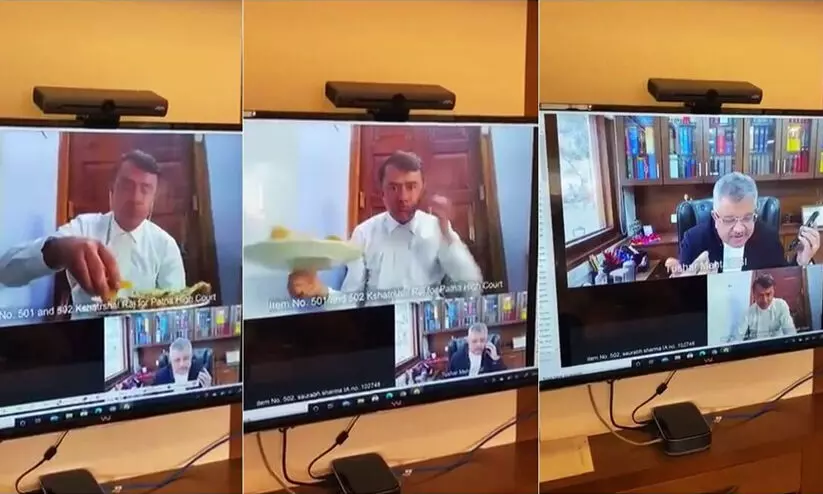 ഓൺലൈൻ ഹിയറിങ്ങിനിടെ ഭക്ഷണം കഴിച്ച് അഭിഭാഷകൻ; എനിക്കും കൊടുത്തയക്കൂ എന്ന് സോളിസിറ്റർ ജനറൽ ഓൺലൈൻ ഹിയറിങ്ങിനിടെ ഭക്ഷണം കഴിച്ച് അഭിഭാഷകൻ; എനിക്കും കൊടുത്തയക്കൂ എന്ന് സോളിസിറ്റർ ജനറൽ