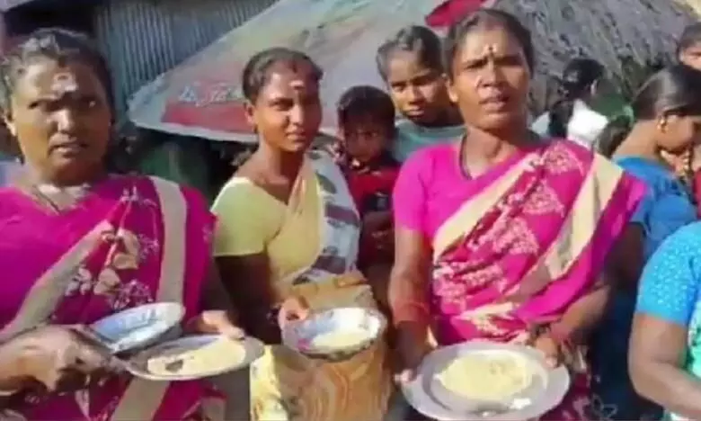 Womens welcome AIADMK MLA with poor-quality ration rice in protest Womens welcome AIADMK MLA with poor-quality ration rice in protest