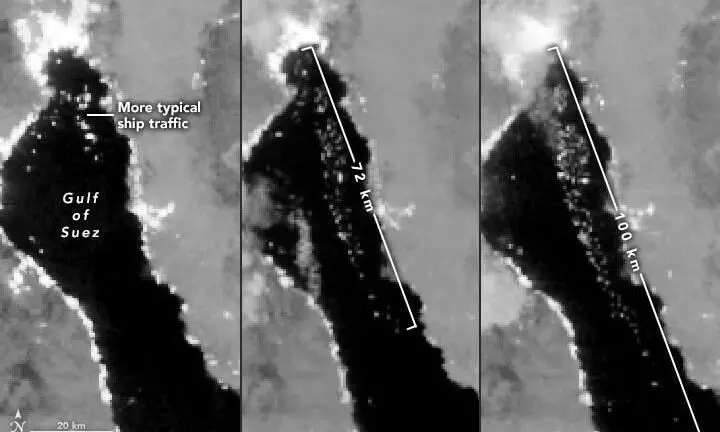 100 കിലോമീറ്റർ നീളത്തിൽ കപ്പൽ കുരുക്ക്; സൂയസ് പ്രതിസന്ധിയുടെ ബഹിരാകാശ ചിത്രങ്ങൾ പങ്കുവെച്ച് നാസ 100 കിലോമീറ്റർ നീളത്തിൽ കപ്പൽ കുരുക്ക്; സൂയസ് പ്രതിസന്ധിയുടെ ബഹിരാകാശ ചിത്രങ്ങൾ പങ്കുവെച്ച് നാസ