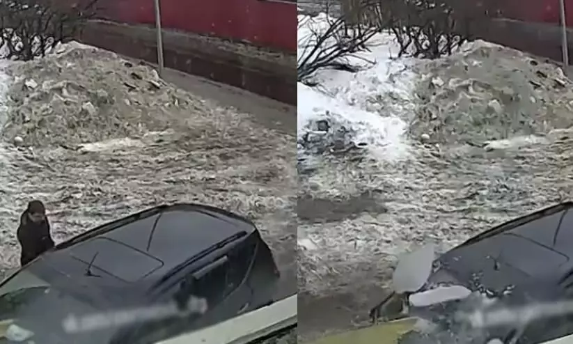 Couple was sitting inside their car when ice block fell on it Viral video