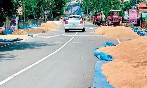 സപ്ലൈകോ എത്തിയില്ല; വഴിയോരത്ത് നെല്ലിട്ട് കർഷകരുടെ കാത്തിരിപ്പ്