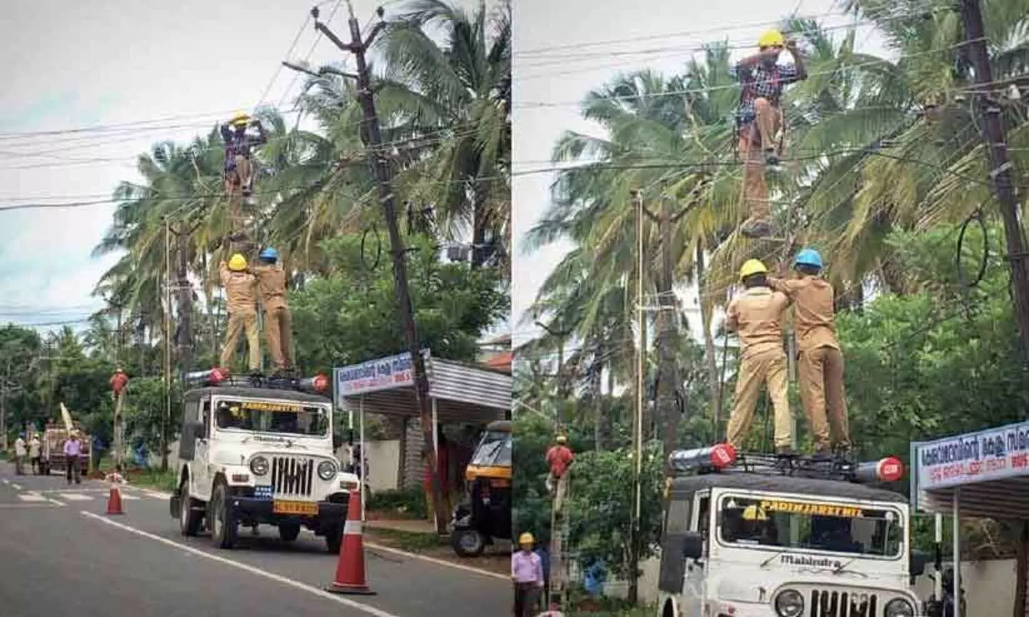 വൈദ്യുതി കമ്പികളിൽ ജീവൻ പണയംവെച്ച്​ ജീവനക്കാർ