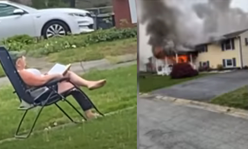 സ്വന്തം വീടിന് തീയിട്ട് മുറ്റത്ത് കസേരയില്‍ ഇരുന്ന് ആസ്വദിച്ച് സ്ത്രീ; വീഡിയോ വൈറല്‍