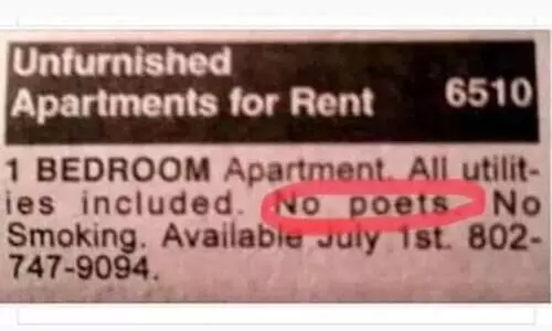 പണ്ട്​ കവിത ചൊല്ലാത്തതിന്​ ടീച്ചർ അടിച്ചതിന്‍റെ കലിപ്പ്​ ആയിരിക്കുമോ?- അപാർട്​മെന്‍റ്​ വാടകക്ക്​, കവികൾക്ക്​ നൽകില്ല എന്ന പരസ്യം ഏറ്റെടുത്ത്​ സോഷ്യൽ മീഡിയ