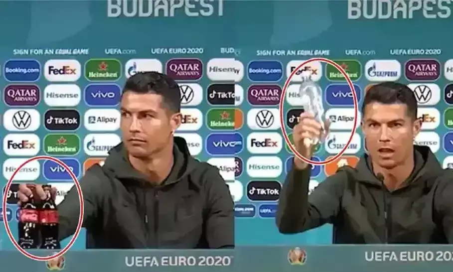 വെള്ളമാണ്​ കുടിക്കേണ്ടത്​- വാർത്ത സമ്മേളനത്തിനിടെ സ്​പോൺസറായ കൊക്ക കോളയുടെ പാനീയം എടുത്തുമാറ്റി കുടിവെള്ളം ഉയർത്തിപ്പിടിച്ച്​​​ റൊണാൾഡോ