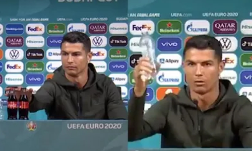 വാ​ർ​ത്ത​സ​മ്മേ​ള​ന​ത്തി​നി​ട​യി​ൽ കൊ​ക്ക​കോ​ള​യോ​ട്​ എ​തി​ർ​പ്പ്​ പ്ര​ക​ടി​പ്പി​ച്ച ക്രി​സ്​​റ്റ്യാ​നോ റൊ​ണാ​ൾ​ഡോ​യോ​ട്​  യു​വേ​ഫ​ക്ക്​ നീ​ര​സം