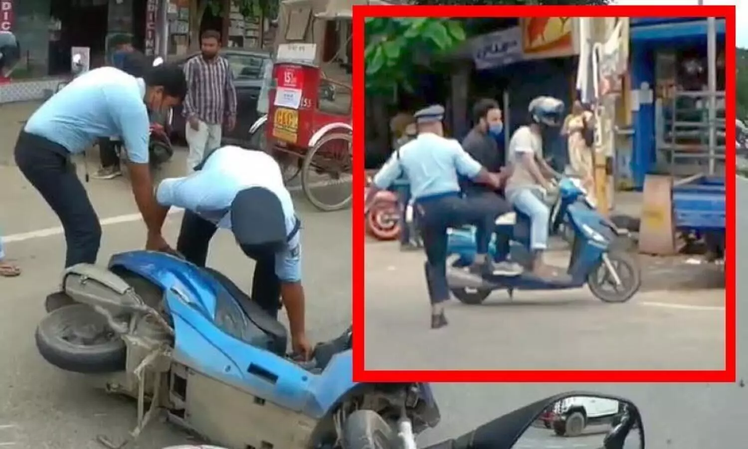 traffic police kicks scooter to stop the riders, leading to a crash