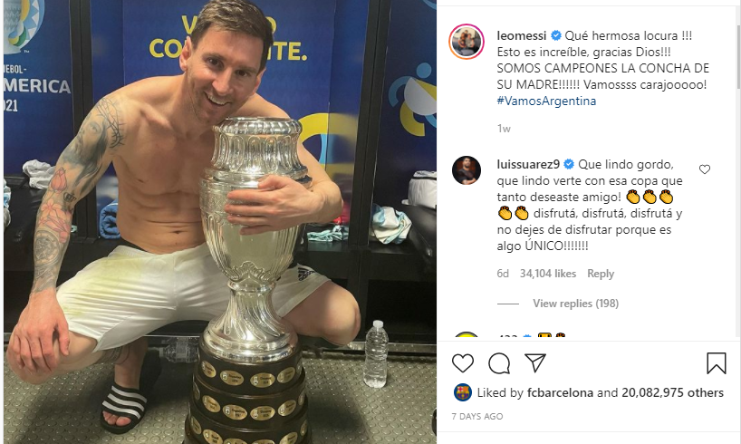 ഇൻസ്റ്റയിൽ റെക്കോഡിട്ട് േകാപ കപ്പുമായി മെസ്സി ചിത്രം ഇൻസ്റ്റയിൽ റെക്കോഡിട്ട് േകാപ കപ്പുമായി മെസ്സി ചിത്രം