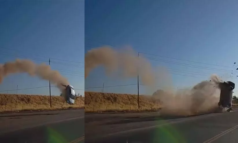 തൊട്ടുമുമ്പിൽ വന്നുവീണ് പറക്കും കാർ-അപകടത്തിൽ പറന്നുയരുന്ന കാറിന്റെ വീഡിയോ വൈറൽ തൊട്ടുമുമ്പിൽ വന്നുവീണ് പറക്കും കാർ-അപകടത്തിൽ പറന്നുയരുന്ന കാറിന്റെ വീഡിയോ വൈറൽ