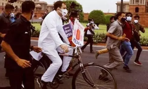 Rahul Gandhi leads bicycle rally to Parliament over fuel price hike Rahul Gandhi leads bicycle rally to Parliament over fuel price hike