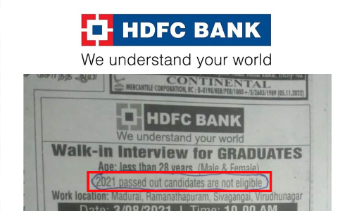 2021 ൽ ബിരുദമെടുത്തവരെ ​​ജോലിക്ക്​ വേണ്ടെന്ന്​ എച്ച്​.ഡി.എഫ്​.സി ബാങ്ക്​; വിവാദത്തിന്​ പിന്നാലെ തിരുത്തി