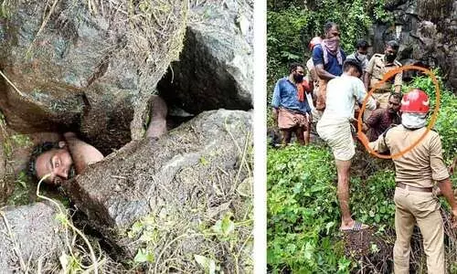 20 മണിക്കൂറോളം പാറക്കെട്ടിനുള്ളിൽ; യുവാവിനെ രക്ഷപ്പെടുത്തിയത്​ സാഹസികമായി