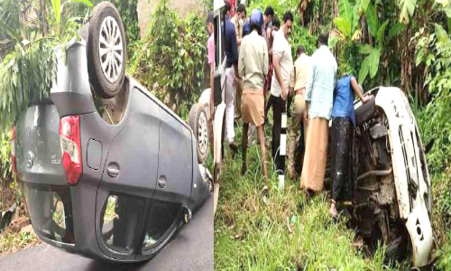 സു​ര​ക്ഷാ സം​വി​ധാ​ന​ങ്ങ​ളും മു​ന്ന​റി​യി​പ്പ്​ ബോ​ർ​ഡു​ക​ളു​മി​ല്ല; അ​പ​ക​ട​മേ​ഖ​ല​യാ​യി തി​രു​വ​ല്ല–പൊ​ടി​യാ​ടി റോ​ഡ്​, ടയർ പഞ്ചറായി; കാർ തലകീഴായി മറിഞ്ഞു