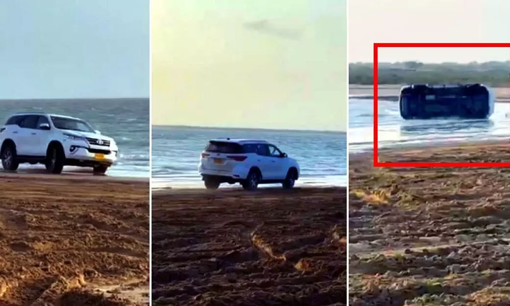 Toyota Fortuner goes drifting on a beach: Rolls over spectacularly