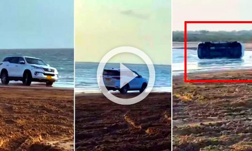 ഡ്രിഫ്​റ്റിനിറങ്ങിയ ഫോർച്യൂണർ തലകീഴായി കടലിലേക്ക് മറിഞ്ഞു, വൈറൽ വിഡിയോ