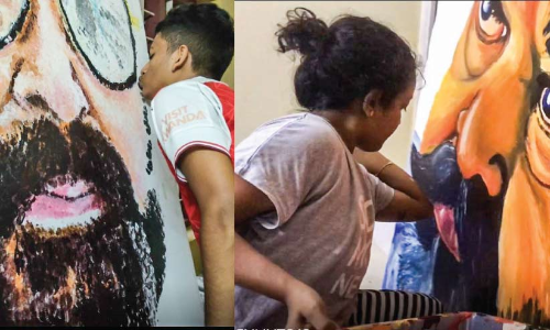 ചു​ണ്ടും കൈ​മു​ട്ടും കൊ​ണ്ട് മോ​ഹ​ൻ​ലാ​ലി​നെ വ​ര​ച്ച് ഇ​ന്ദ്ര​ജി​ത്തും അ​ശ്വ​തി​യും