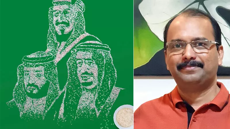 അന്നം തരുന്ന രാജ്യത്തിന്​​ അരിമണി കൊണ്ട്​ ചിത്രമെഴുതി ഷാജിത്തി​െൻറ ആദരം