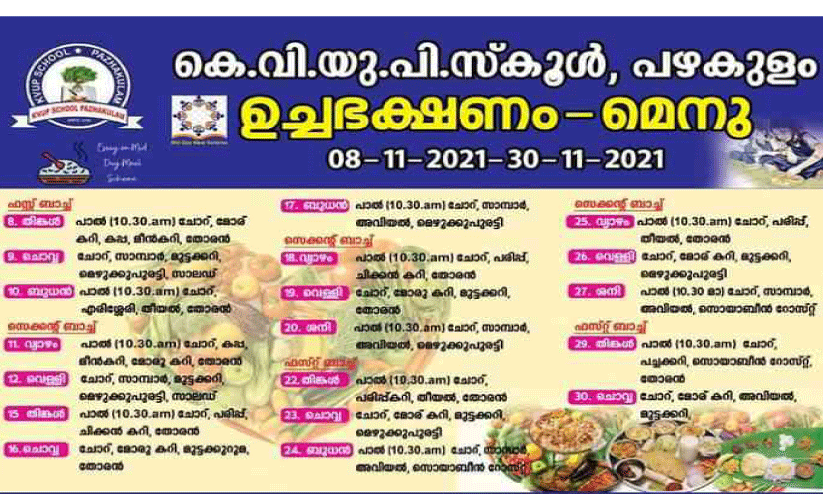 Lunch menu prepared by KV UP School, Pazhakulam