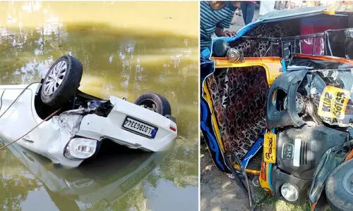 വാഹനങ്ങള്‍ കൂട്ടിയിടിച്ചു; നിയന്ത്രണം വിട്ട കാര്‍ കുളത്തില്‍ വീണു, അഞ്ചുപേർക്ക്​ പരിക്ക്