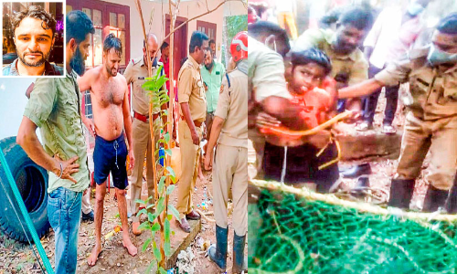Young man as a savior for a child who fell into a well