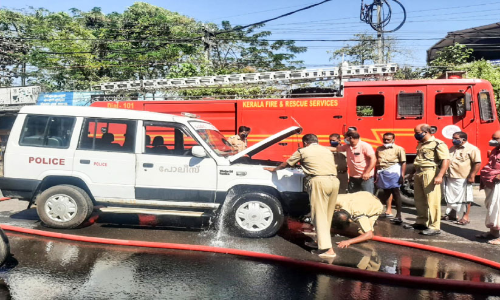 The police jeep caught fire