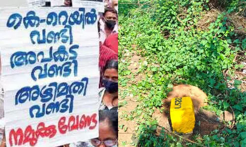 ഇപ്പോഴാണ്​ ശരിക്കും കല്ലിടൽ; കോ​ൺ​ക്രീ​റ്റ്​ തൂ​ണു​ക​ൾ വി​ല​ക്കി​യ​പ്പോ​ൾ ക​രി​ങ്ക​ല്ലു​ക​ൾ സ്ഥാ​പി​ച്ച്​ കെ-​റെ​യി​ൽ അ​ധി​കൃ​ത​ർ