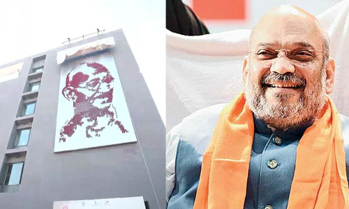 ഗാന്ധിയുടെ കൂറ്റൻ ചുവർചിത്രം അമിത് ഷാ അനാച്ഛാദനം ചെയ്തു