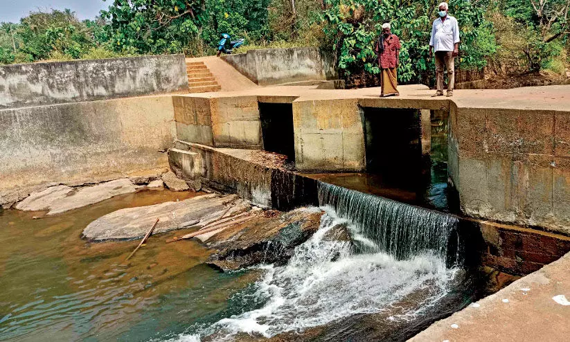 ഷട്ടറില്ല; തടയണയിലൂടെ വെള്ളം പാഴാകുന്നു ഷട്ടറില്ല; തടയണയിലൂടെ വെള്ളം പാഴാകുന്നു