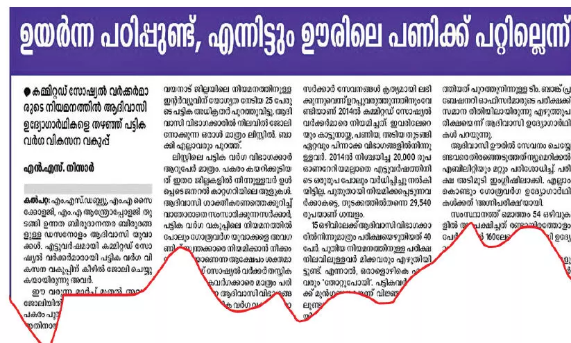 കമിറ്റഡ് സോഷ്യൽ വര്ക്കര്: ആദിവാസി ഉദ്യോഗാർഥികളെ തഴയുന്നതിൽ പ്രതിഷേധം കമിറ്റഡ് സോഷ്യൽ വര്ക്കര്: ആദിവാസി ഉദ്യോഗാർഥികളെ തഴയുന്നതിൽ പ്രതിഷേധം