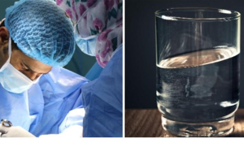 Swallowed a glass while drinking tea; Surgically removed
