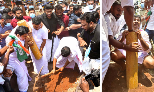 കണ്ണൂർ സിവിൽ സ്റ്റേഷനിൽ കെ-റെയിൽ വിരുദ്ധ കല്ല് സ്ഥാപിച്ച് യൂത്ത് കോൺഗ്രസ്