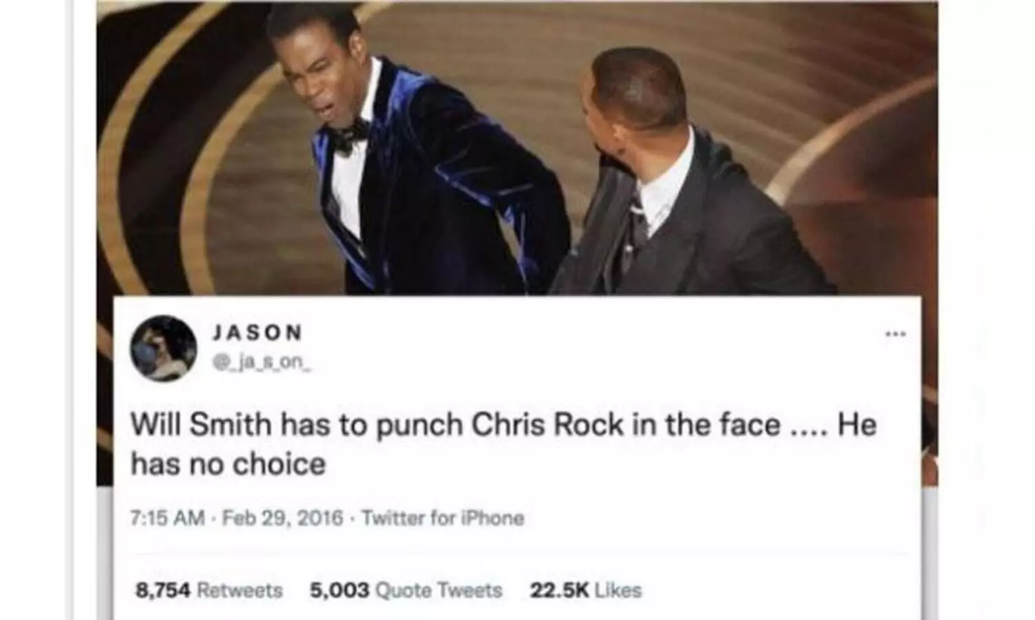 വിൽ സ്മിത്ത് ക്രിസ് റോക്കിന്റെ മുഖത്തടിച്ചേ പറ്റൂ -ആറ് വർഷം മുമ്പത്തെ ട്വീറ്റ് വൈറൽ