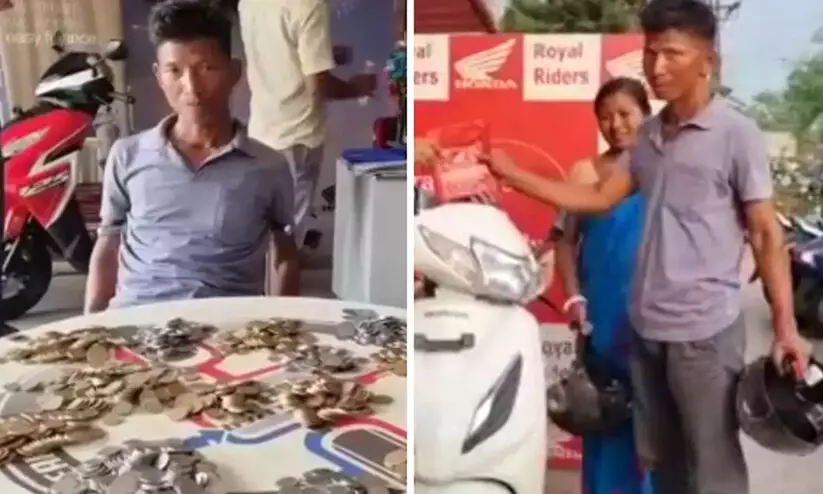 man buys scooter with sack full of coins